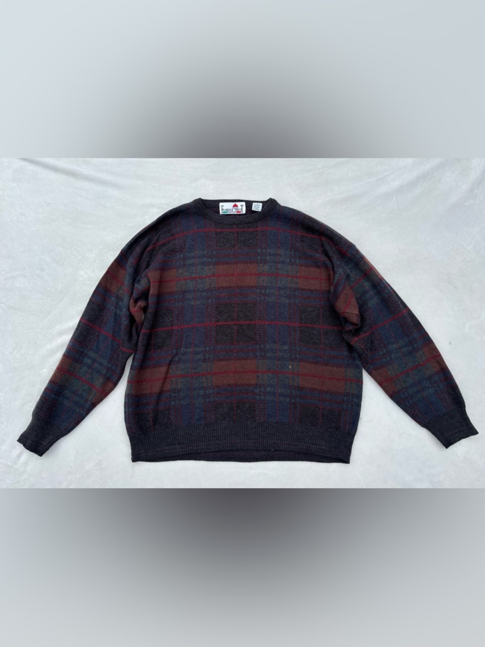 Vintage Plaid Crewneck Sweater in Black with Burgundy & Navy Accents